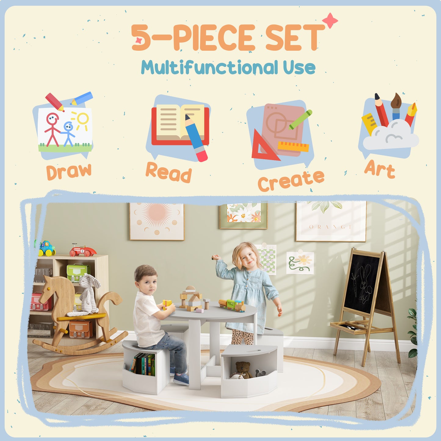5-Piece Kids Table and Chair Set with Storage