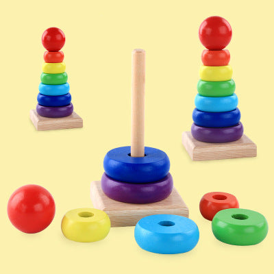 Wooden Seven-color Tower Stacking Circle Building Block Educational Toy