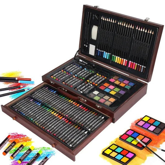 140Pcs Art Supplies With Colored Pencils Oil Pastels Crayons, Watercolor Cakes Brushes Sharpener Eraser In Elegant Wooden Box Professional Art Kit For Kids Adults Beginners Pros