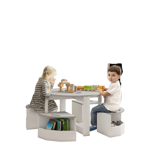 5 Piece Kids Table And Chairs Set With Storage For Art, Craft, Drawing, Playroom, Classroom, Nursery, Gray