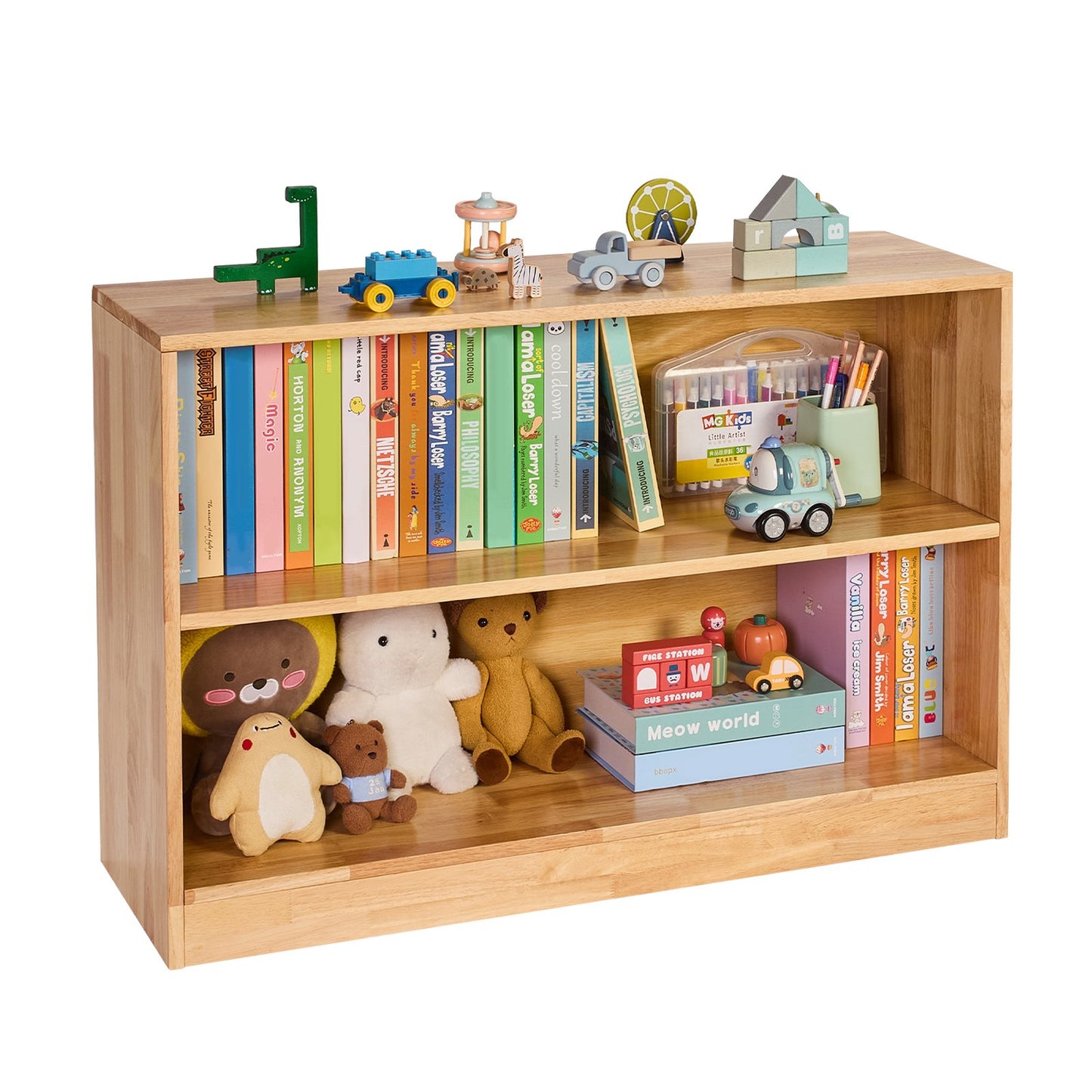 Montessori Bookshelf, 35.4 In Width Toy Storage Organizer,  2-Tier Kids Display Storage Cabinet, Daycare Furniture, Kids Bookshelf For Bedroom, Nursery, Living Room, Entryway, Preschool, Brown