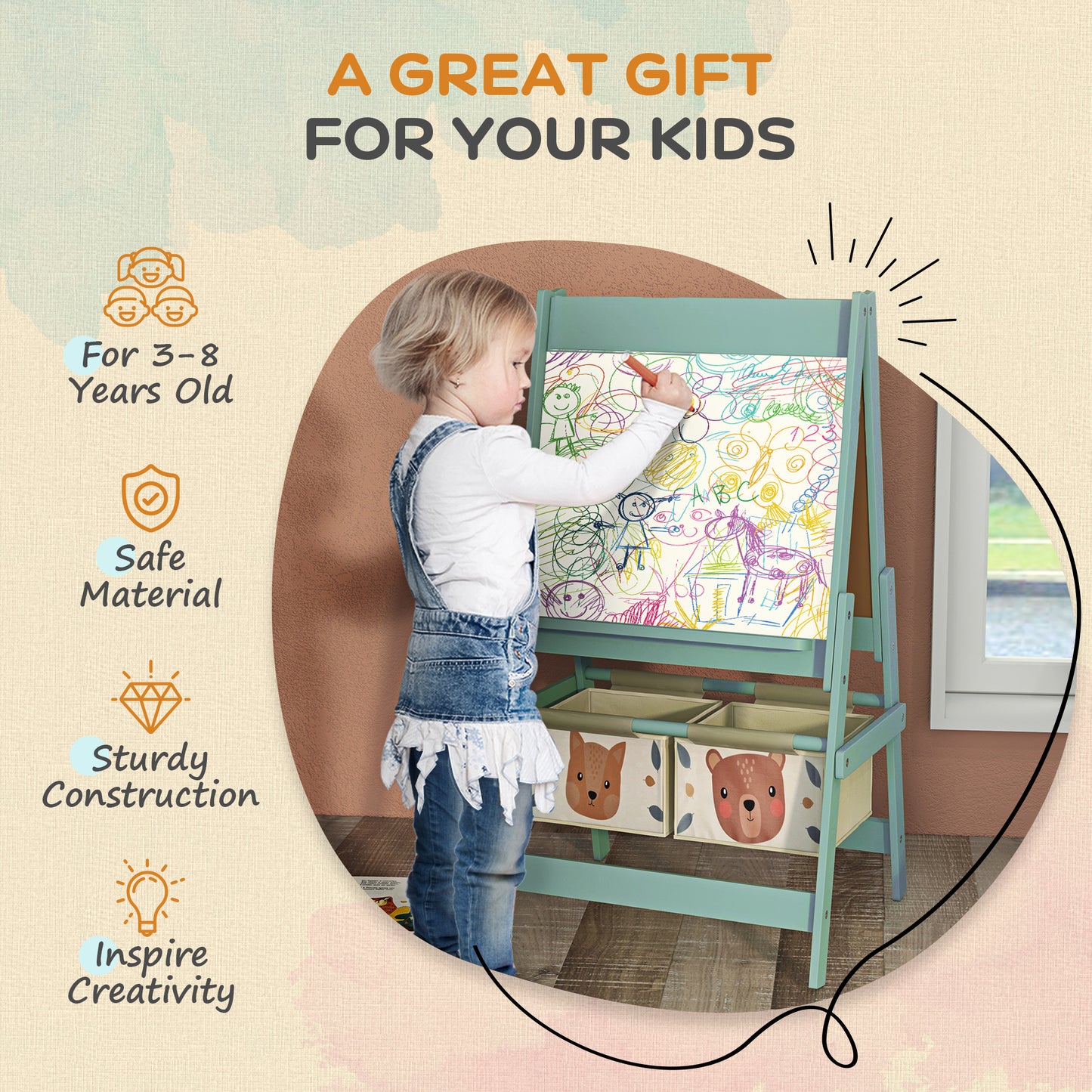 Art Easel for Kids with Paper Roll, Blackboard, Whiteboard, Storage
