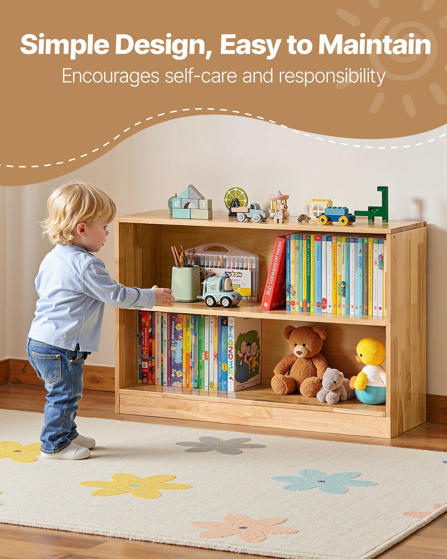 Montessori Bookshelf, 35.4 In Width Toy Storage Organizer,  2-Tier Kids Display Storage Cabinet, Daycare Furniture, Kids Bookshelf For Bedroom, Nursery, Living Room, Entryway, Preschool, Brown