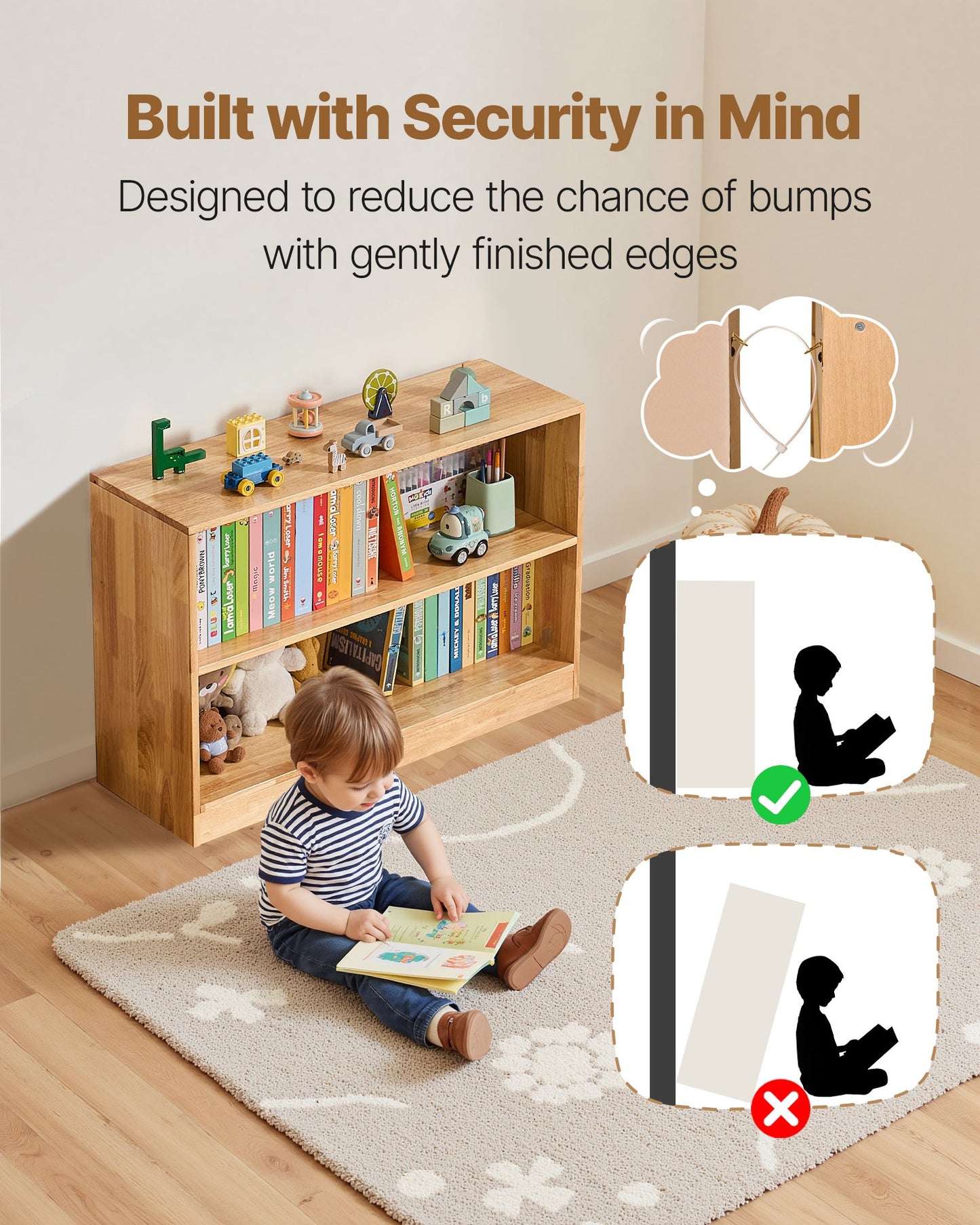 Montessori Bookshelf, 35.4 In Width Toy Storage Organizer,  2-Tier Kids Display Storage Cabinet, Daycare Furniture, Kids Bookshelf For Bedroom, Nursery, Living Room, Entryway, Preschool, Brown